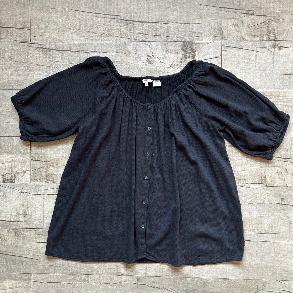 Levi's Leanne Lightweight Blouse Navy Cotton Blend Off the Shoulder Top Boho 1x